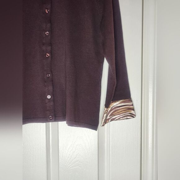 Willi Smith L Women's Brown Cardigan with Patterned Collar and Cuff SILK Blend - Picture 5 of 8